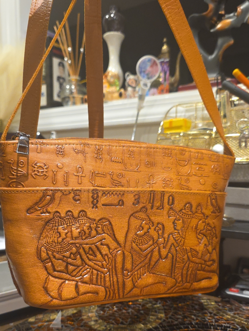 Vintage Tan Embossed Egyptian Motif Messenger Bag